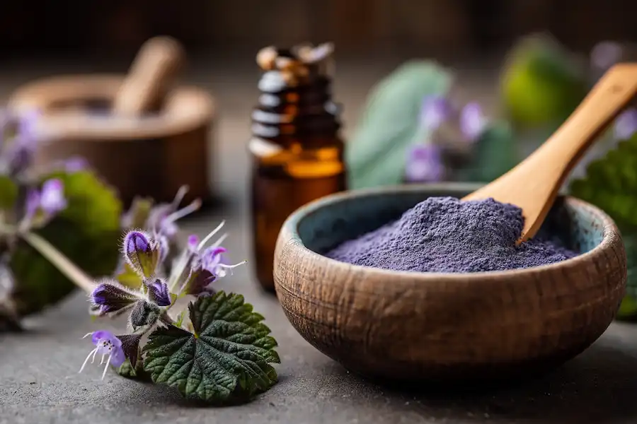 Poudre de lamier pourpre séché dans un bol