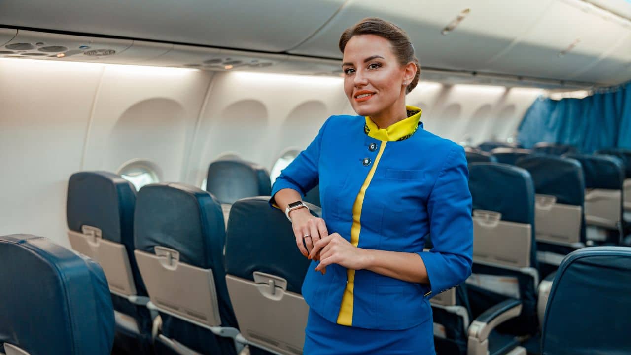 Steward en cabine, concentré, pendant la phase d'atterrissage