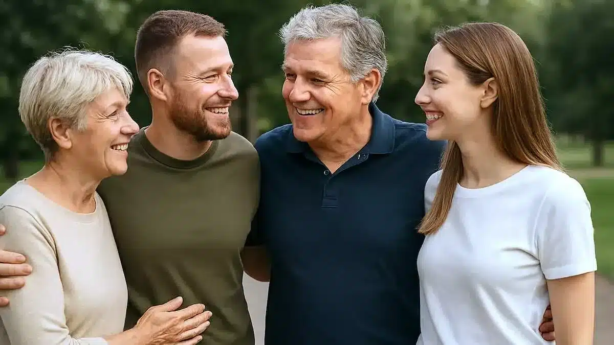 Famille multi-générationnelle riant ensemble dans un salon