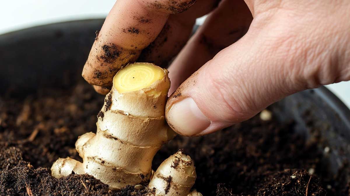 Plante de gingembre prospère dans un joli pot sur un rebord de fenêtre intérieur