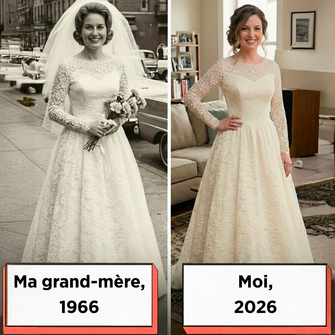 Photo d'une robe de mariée vintage en soie ivoire, posée délicatement sur un lit