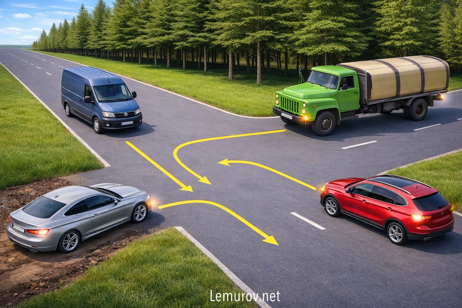 Illustration finale montrant l'ordre de passage des véhicules avec des numéros.