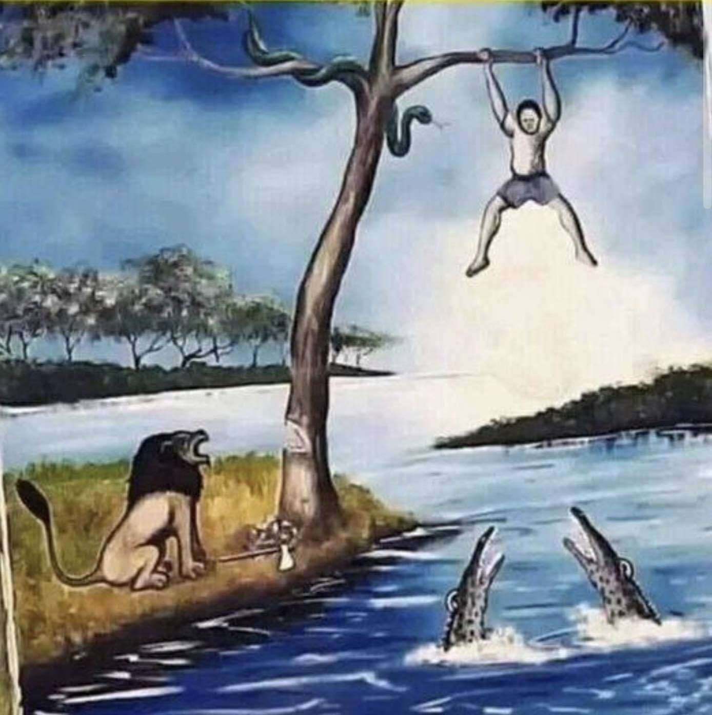 Dessin d'un homme entouré d'un lion, de crocodiles, d'un serpent et d'un arbre penché