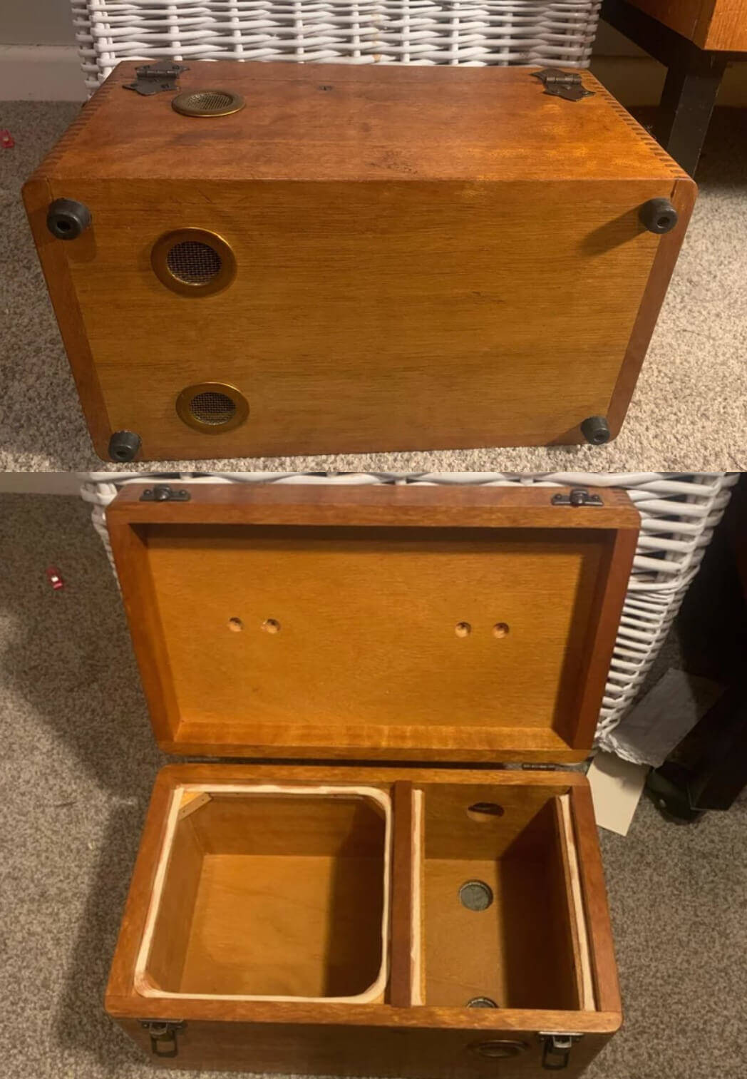 Boîte en bois avec plusieurs compartiments et grilles