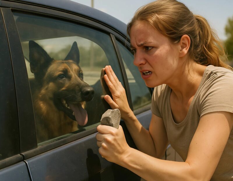 Femme secourant un chien d’une voiture