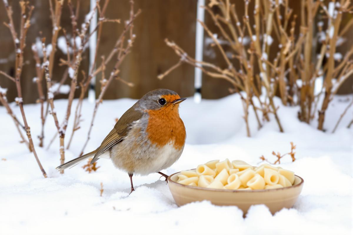 Un rouge-gorge sur une branche enneigée, illustrant l'importance d'une aide hivernale