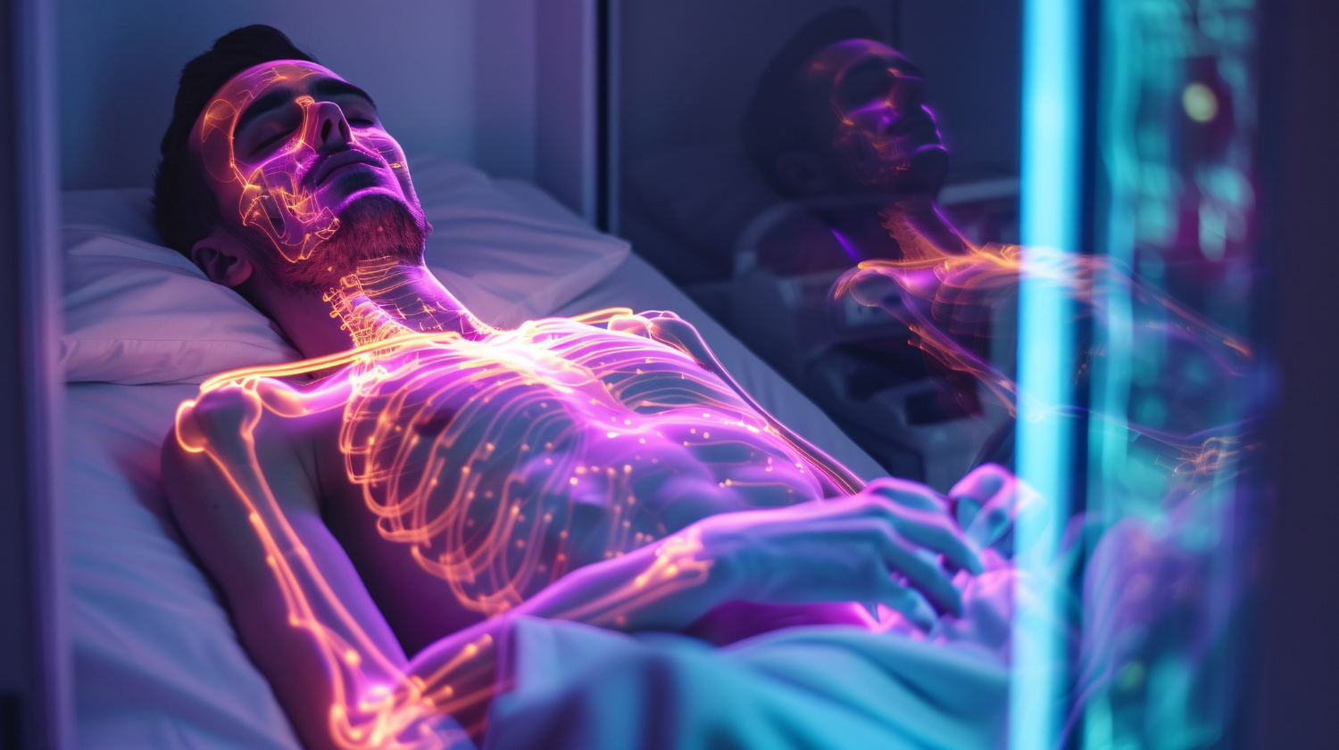 Silhouette d'une personne endormie, baignée dans une aura subtile de particules lumineuses