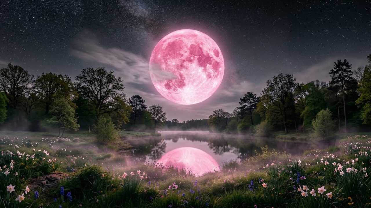 Illustration de la Pleine Lune Rose et des signes du zodiaque concernés