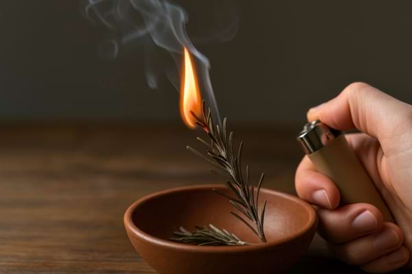 Personne allumant délicatement un brin de romarin dans un bol en céramique