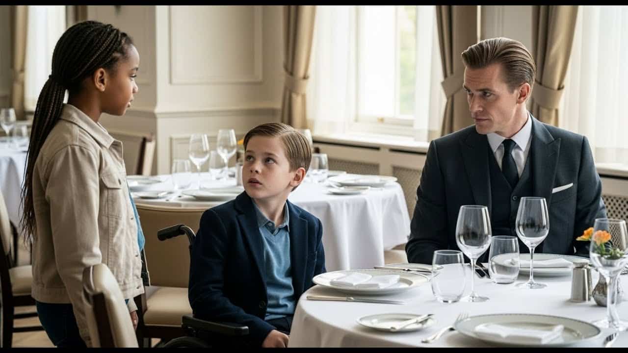 Scène d'un restaurant élégant où un homme et son fils en fauteuil roulant sont attablés