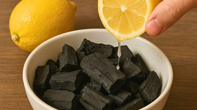 Mélange de poudre de charbon actif et de tranches de citron frais
