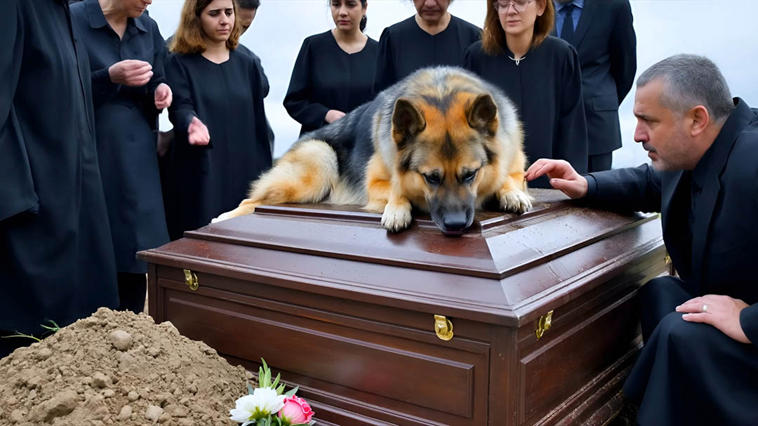 Chien blanc immobile près d'un cercueil