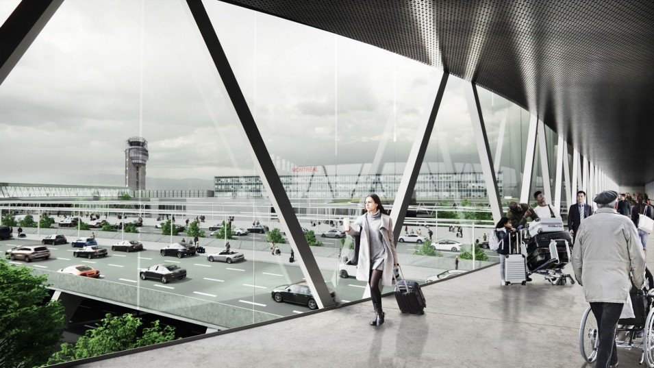 Femme avec une valise dans un aéroport moderne, regardant au loin