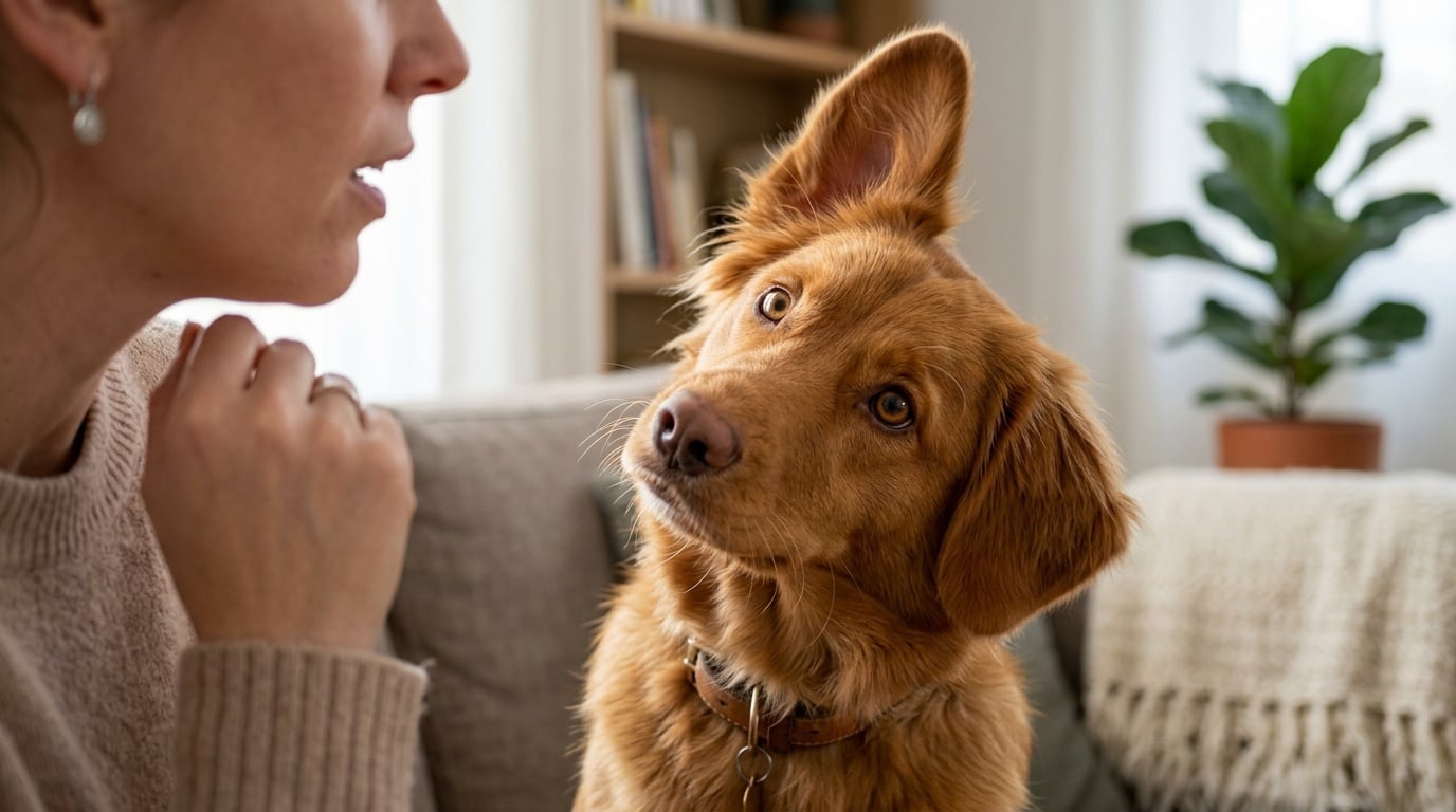 Chien et son maître communiquant, le chien la tête penchée