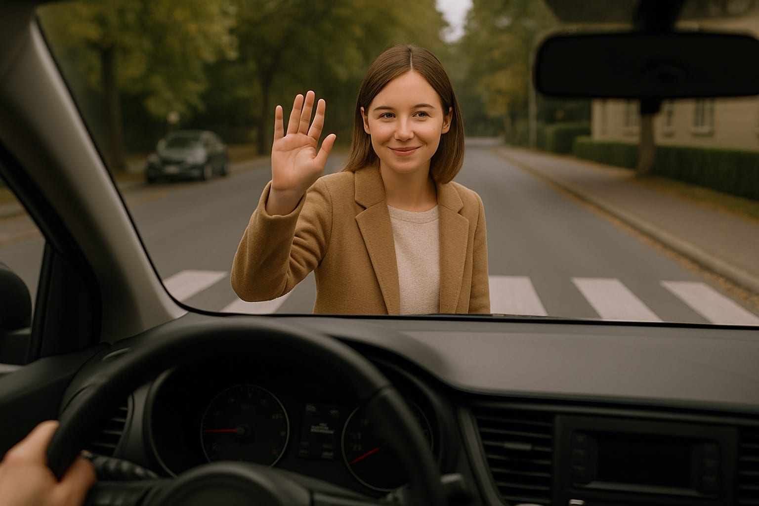 Personne faisant un signe de la main depuis un passage piéton pour remercier un automobiliste