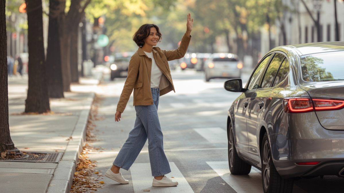 Plan rapproché d'une main faisant un signe de remerciement à travers une vitre de voiture