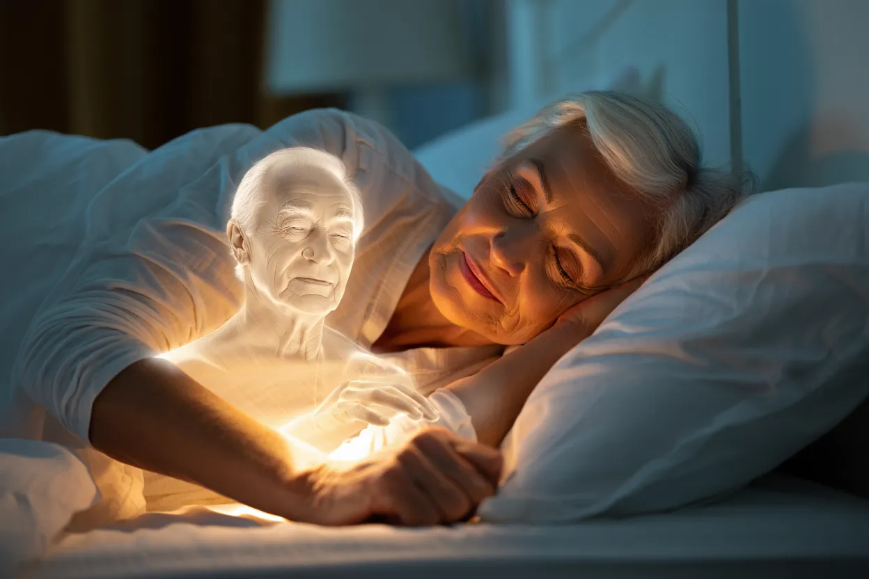 Illustration d'une silhouette éthérée dans un paysage nocturne, évoquant une présence rêvée