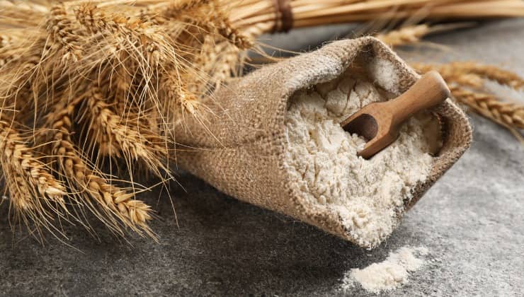 Sac de farine de blé sur un plan de travail