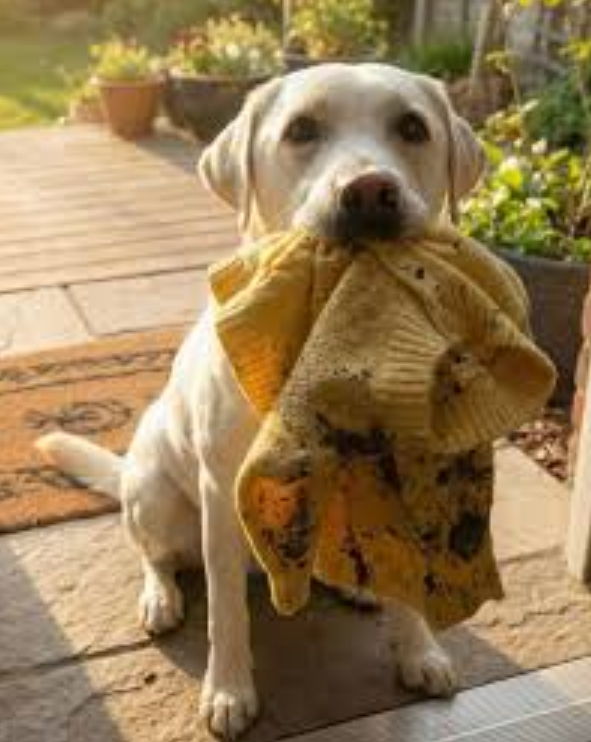 Chien tenant délicatement un vêtement jaune dans sa gueule