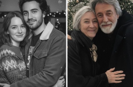 Vieille photo en noir et blanc de deux jeunes gens souriants devant un mur de briques