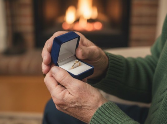 Deux personnes d'un certain âge se tenant les mains et souriant dans un café chaleureux