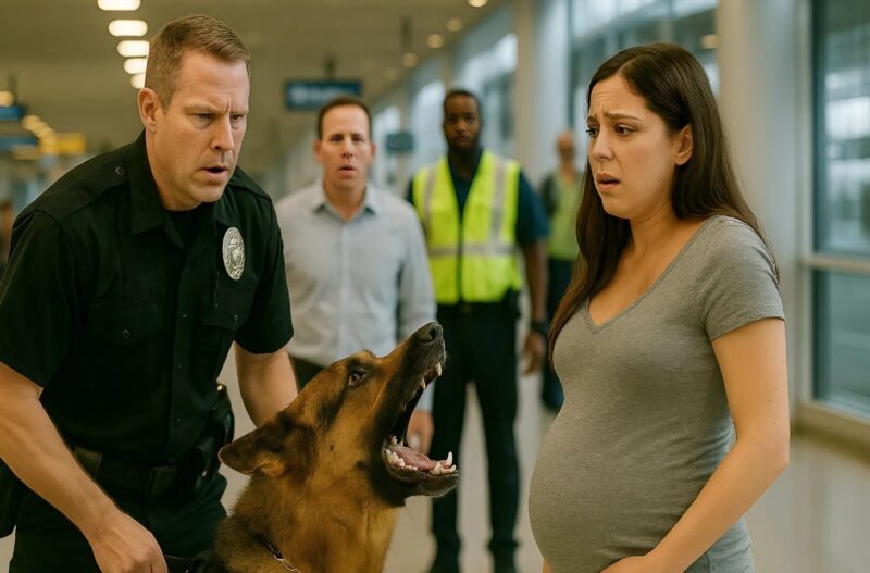 Chien policier en alerte face à une femme enceinte