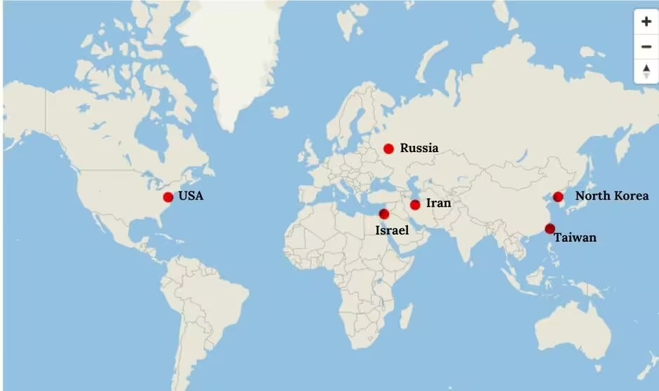 Carte du monde mettant en lumière plusieurs zones de tension géopolitique