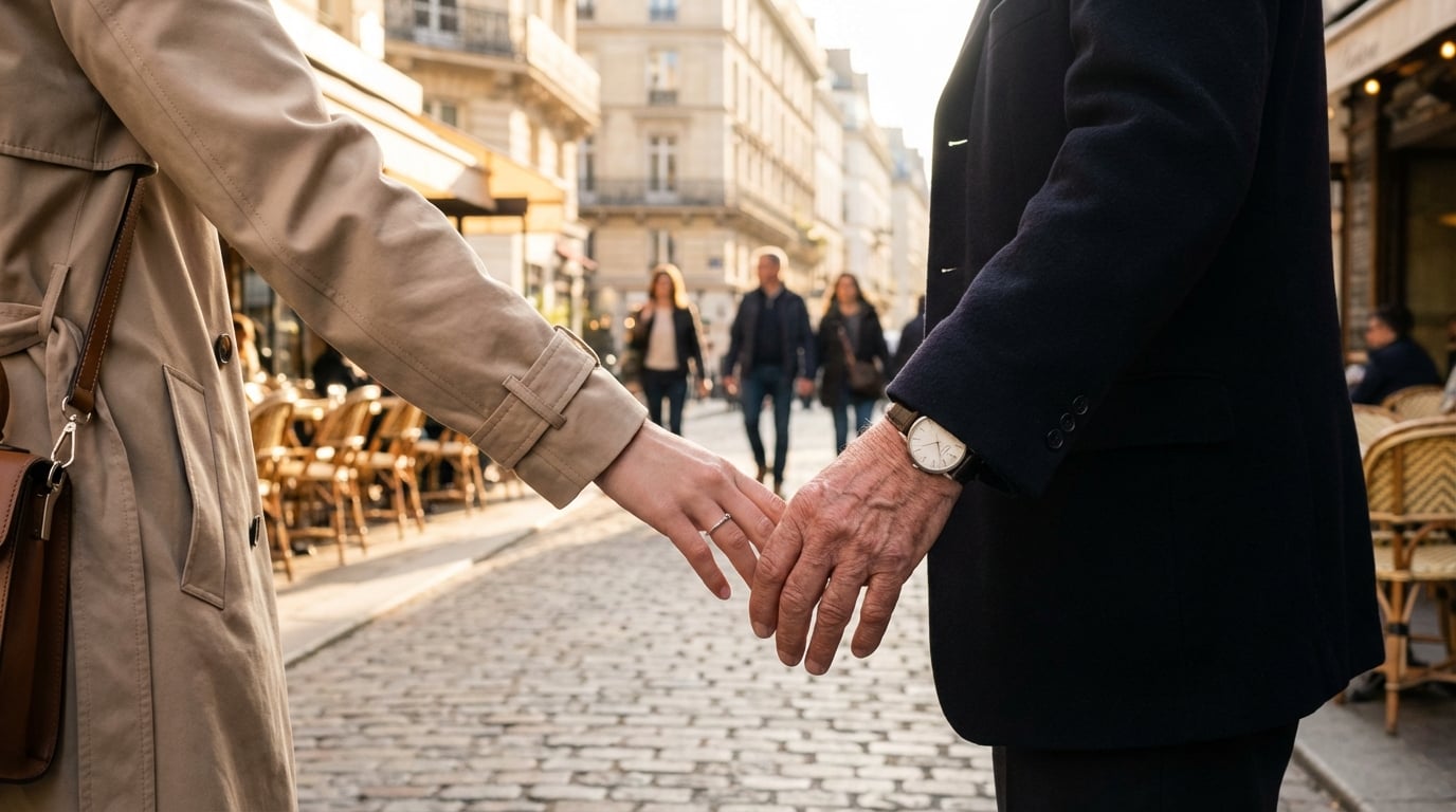 Couple main dans la main, souriant, illustrant une relation complice et sereine