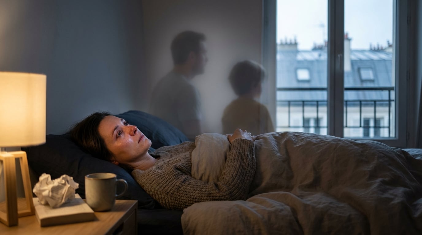Personne se réveillant au petit matin, pensive après un rêve intense