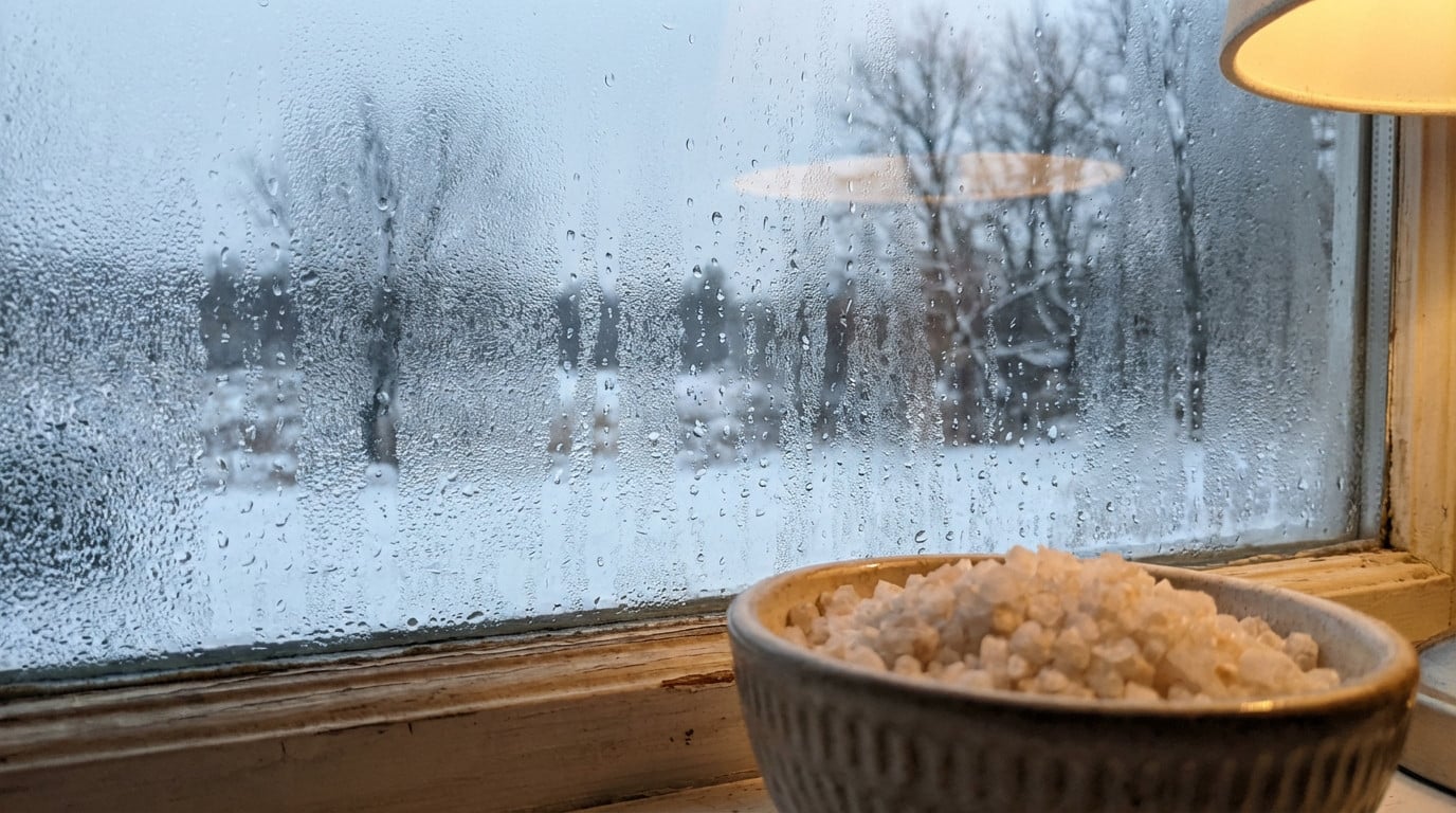 Bol de gros sel posé sur un rebord de fenêtre pour absorber l'humidité